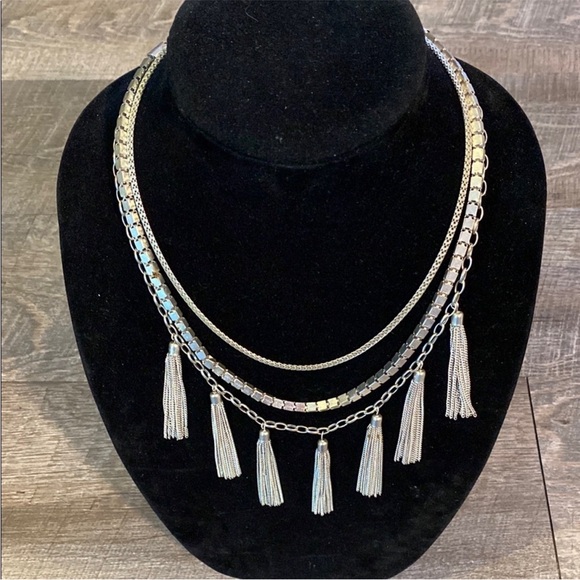 Silver Tassel Statement Necklace - Layered Boho 90s Y2K Holiday Glam - Picture 4 of 6
